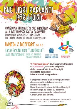 Locandina dell'evento "Due libri parlanti per l'UICI", Piacenza, 2 dicembre 2019