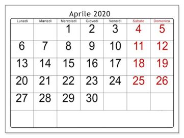 Calendario del mese di aprile 2020