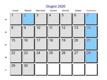 Calendario del mese di giugno 2020