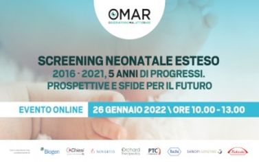 Locandina di evento OMAR del 26 gennaio 2022 su screening neonatale esteso