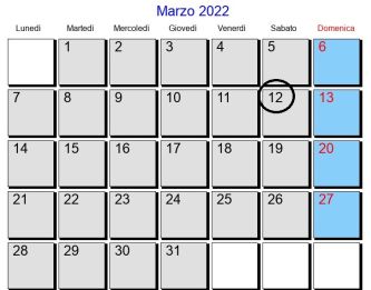 Calendario di marzo 2022 con il giorno 12 evidenziato