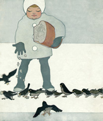 Dipinto con bambino che offre del pane agli uccelli