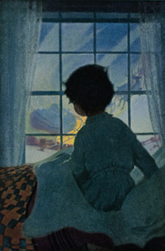 Disegno con figura di bambino in ombra e sullo sfondo una finestra