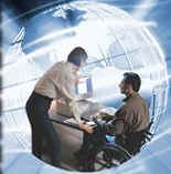 Immagine che rappresenta l'amministrazione di sostegno, con persona in carrozzina e un non disabile all'interno di una bolla di vetro