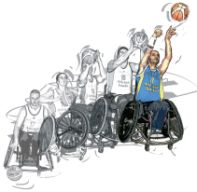 Disegno che raffigura un giocatore di basket in carrozzina nelle varie fasi che lo portano al tiro