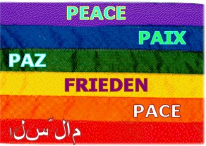 Bandiera della Pace con la scritta in varie lingue