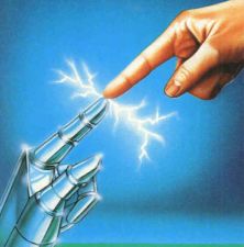 Punta dell'indice della mano di un uomo e di un robot che si toccano