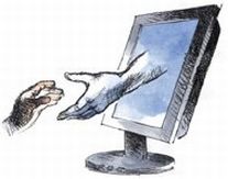 Disegno di mano che esce dal video di un computer ad afferrare la mano dell'utente
