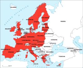 Sono evidenziati in rosso i venticinque Stati membri dell'Unione Europea