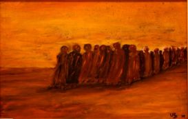 Umberto Romano, «L'esodo dei Saharawi», tecnica mista spatolato di olio su tela